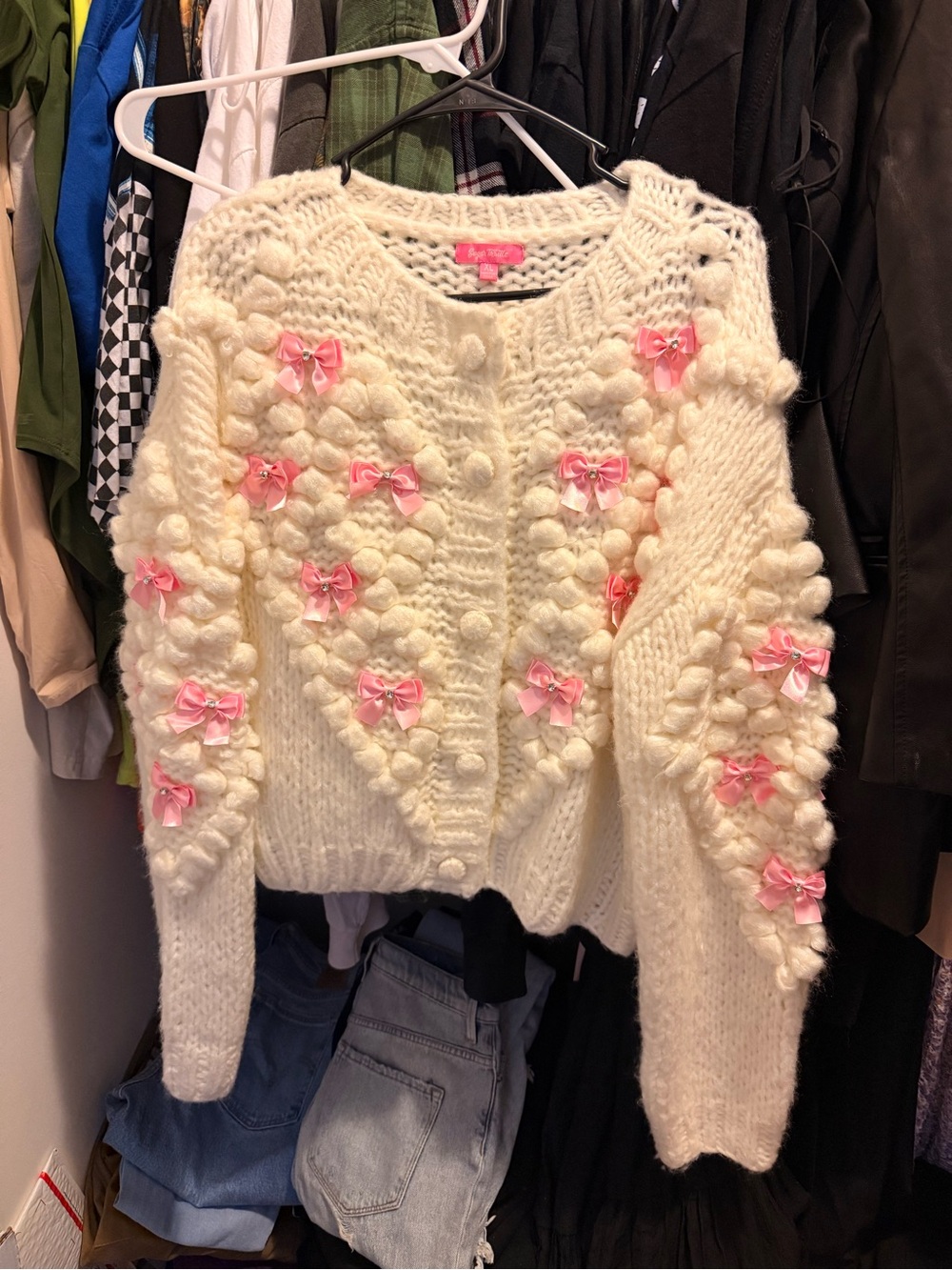 Sugar Thrillz Cream Chunky Knit Cardigan with Pink Ribbon Bows
